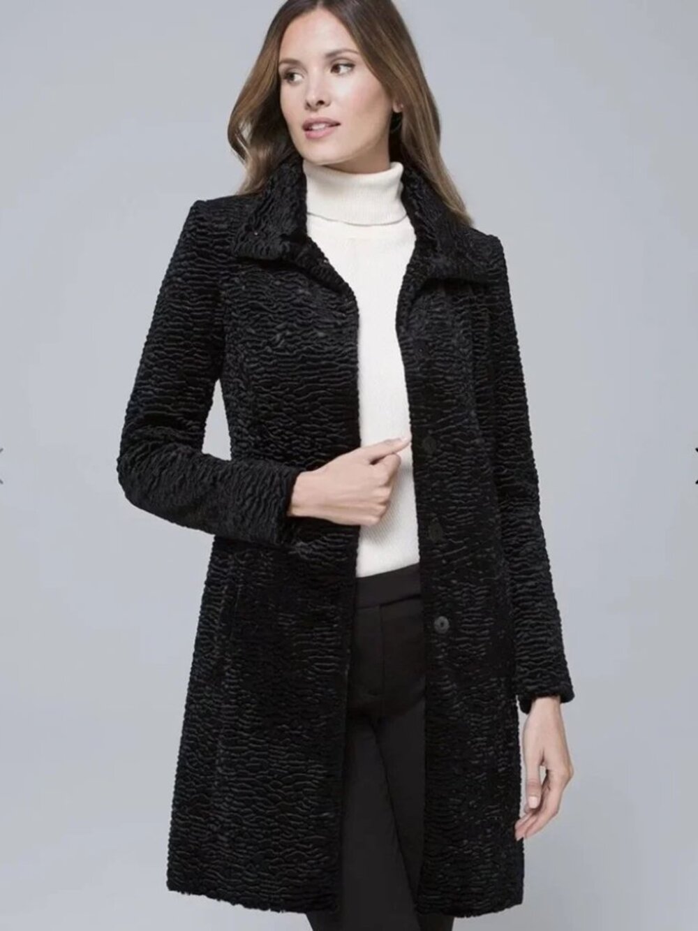 White House Black Market Textured Faux Persian Lamb Solid black Pea Coat, sz M